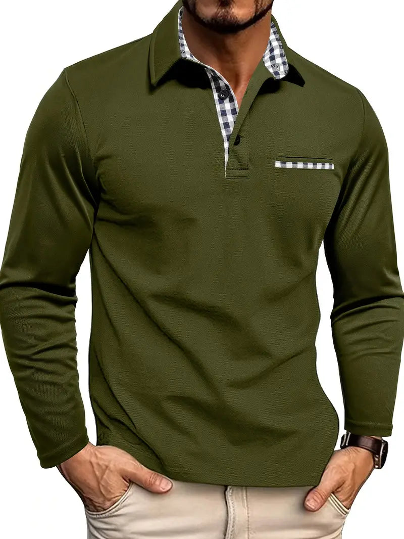 Men's Business Casual Long Sleeve Polo Shirt | With Check Pattern
