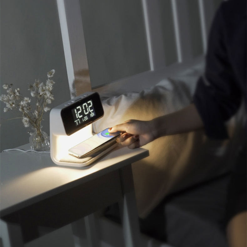 3-in-1 Bedside Lamp with Wireless Charging – LCD Alarm Clock and Touch Dimmable LED Table Light