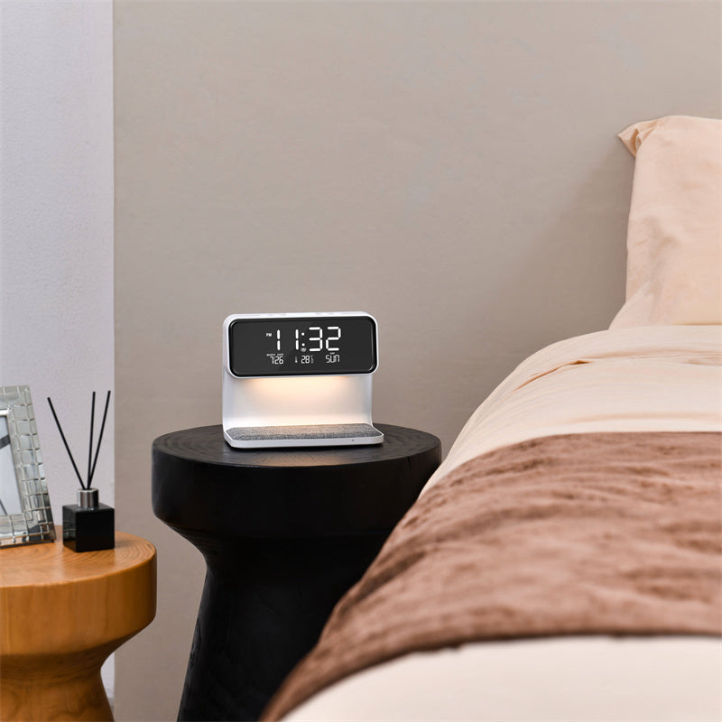 3-in-1 Bedside Lamp with Wireless Charging – LCD Alarm Clock and Touch Dimmable LED Table Light