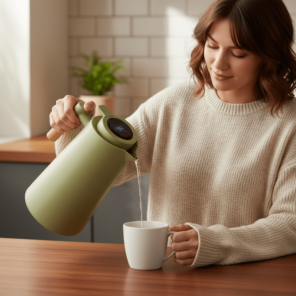Insulated Thermos with Temperature Indicator and Wooden Handle