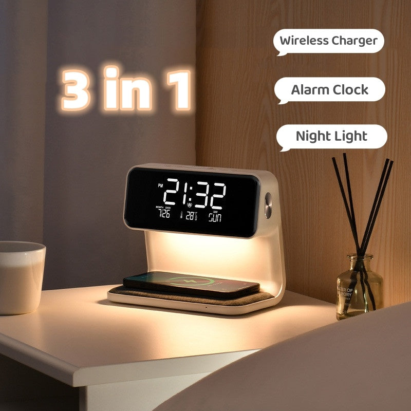 3-in-1 Bedside Lamp with Wireless Charging – LCD Alarm Clock and Touch Dimmable LED Table Light