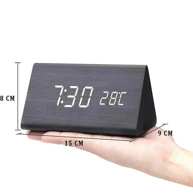 Wooden-Style LED Alarm Clock with Triple Alarm Settings, Temperature Display, and Adjustable Brightness