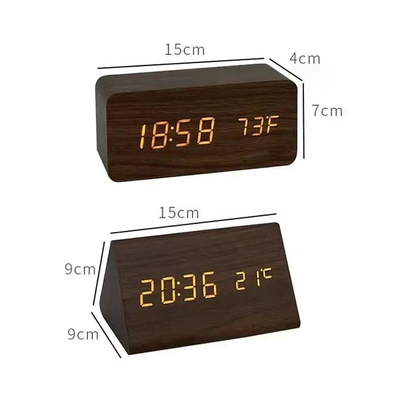 Wooden-Style LED Alarm Clock with Triple Alarm Settings, Temperature Display, and Adjustable Brightness