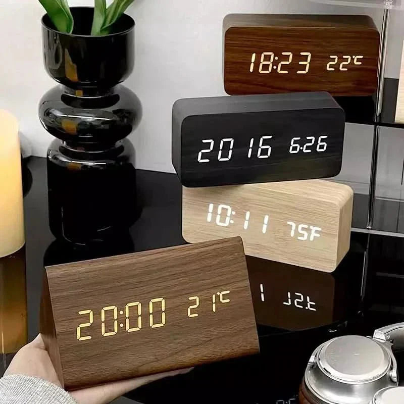 Wooden-Style LED Alarm Clock with Triple Alarm Settings, Temperature Display, and Adjustable Brightness