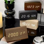 Wooden-Style LED Alarm Clock with Triple Alarm Settings, Temperature Display, and Adjustable Brightness