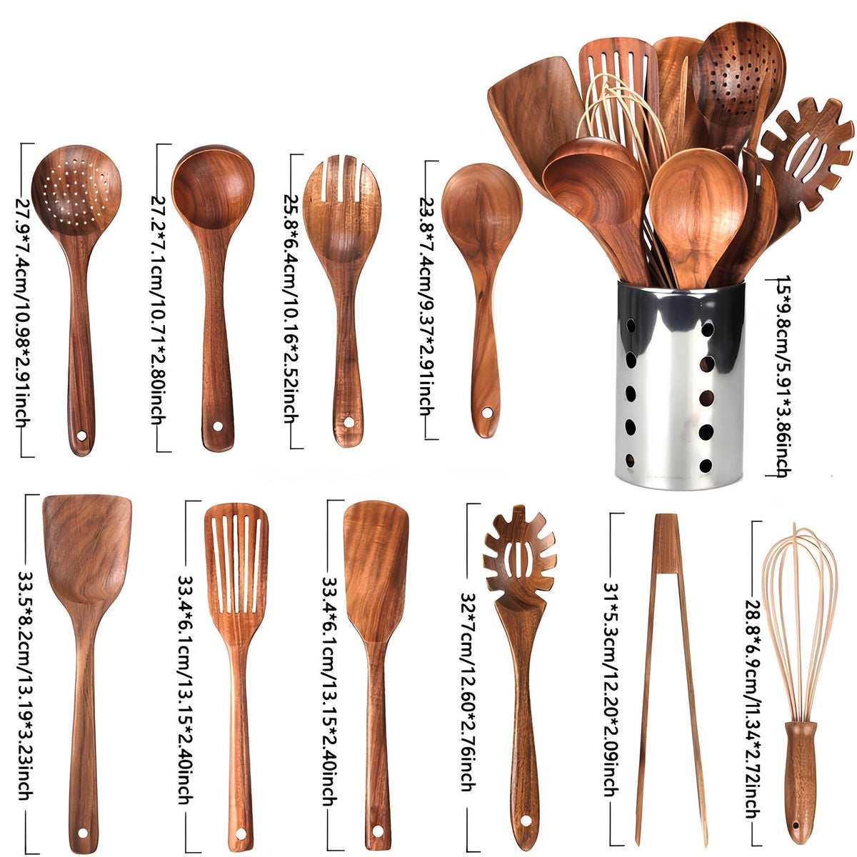 11-Piece Natural Teak Kitchen Utensil Set with Storage Holder