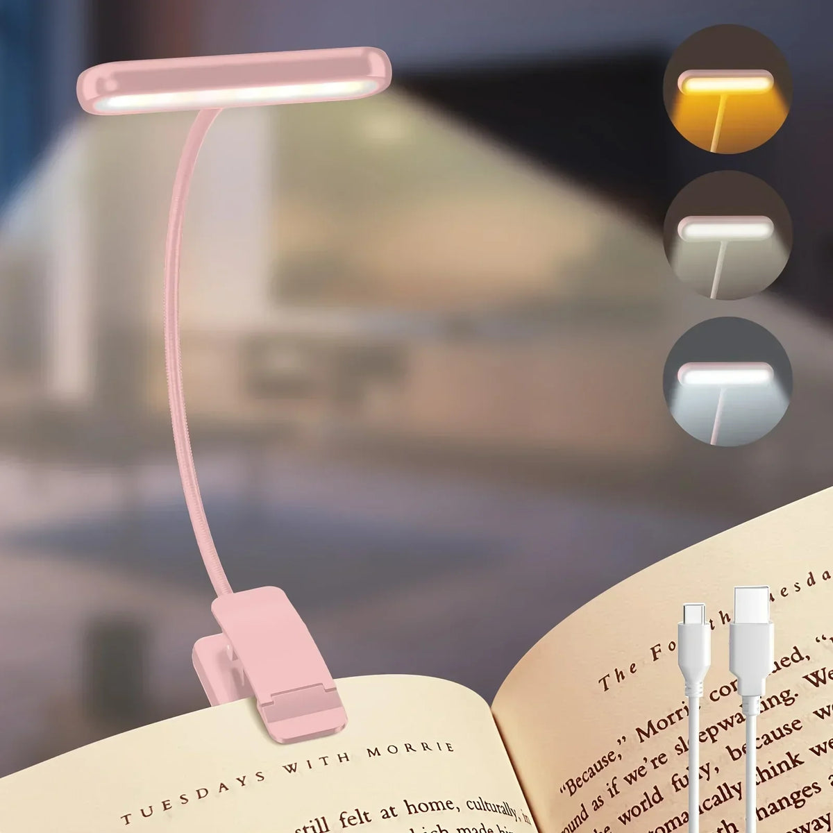 Adjustable Clip-On Reading Lamp | USB Rechargeable with 3 Light Colors & Dimmable Features
