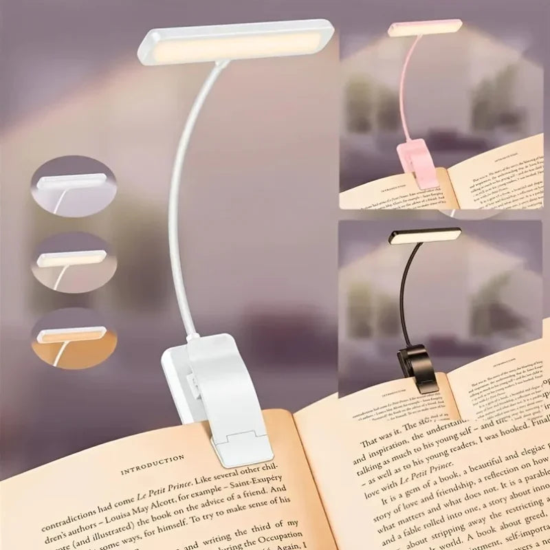 Adjustable Clip-On Reading Lamp | USB Rechargeable with 3 Light Colors & Dimmable Features