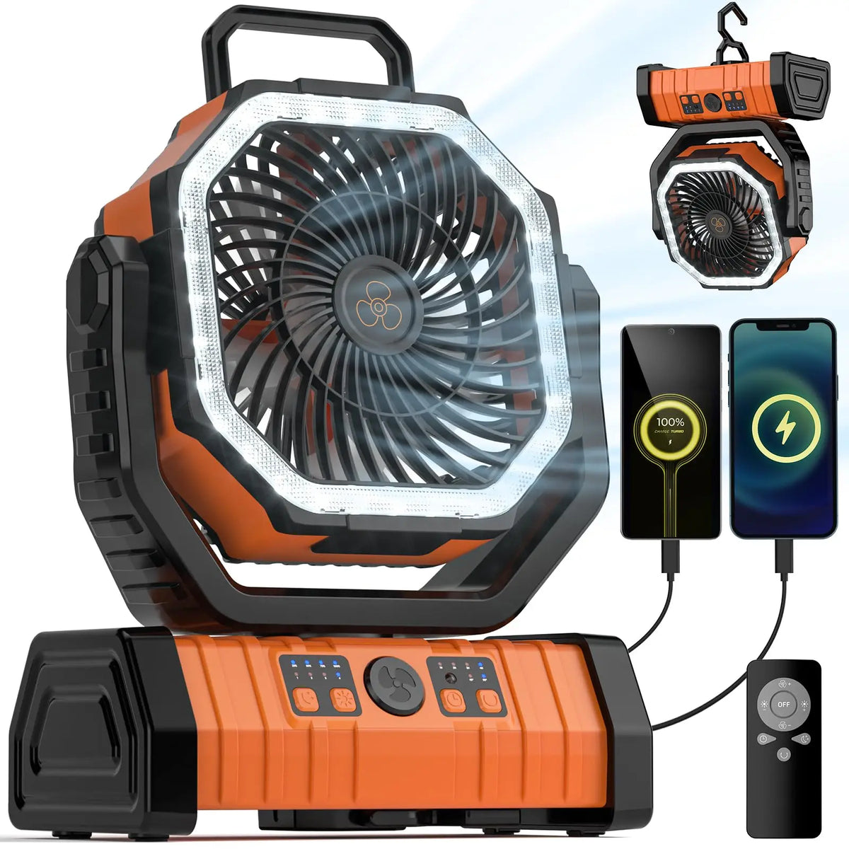 20,000mAh Rechargeable Camping Fan with LED Light and Power Bank