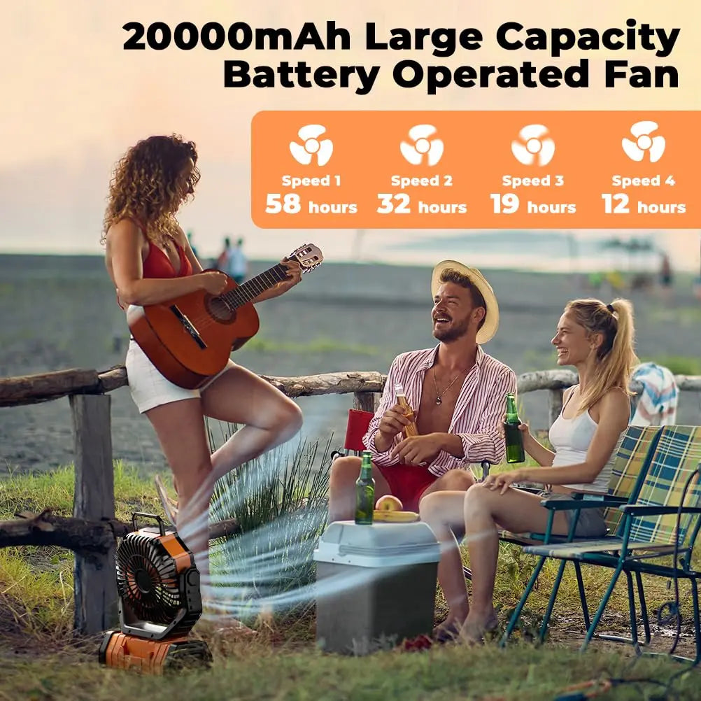 20,000mAh Rechargeable Camping Fan with LED Light and Power Bank