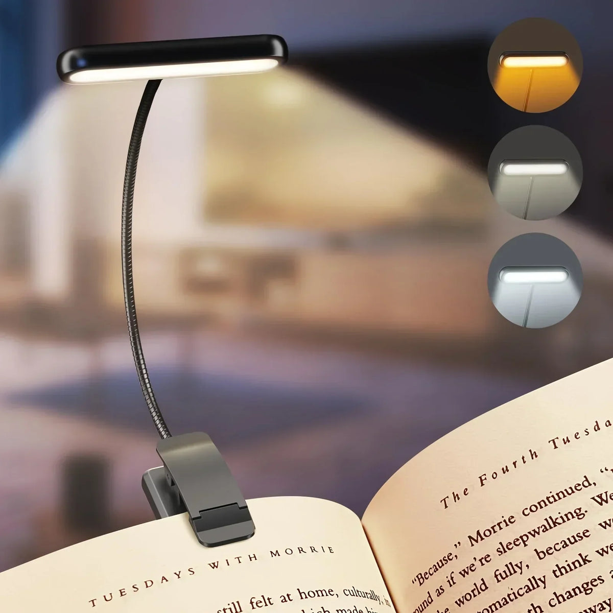 Adjustable Clip-On Reading Lamp | USB Rechargeable with 3 Light Colors & Dimmable Features