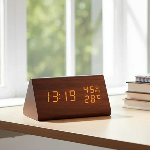 Wooden-Style LED Alarm Clock with Triple Alarm Settings, Temperature Display, and Adjustable Brightness
