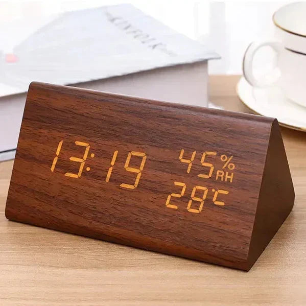 Wooden-Style LED Alarm Clock with Triple Alarm Settings, Temperature Display, and Adjustable Brightness