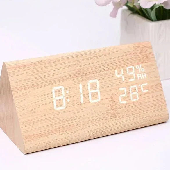 Wooden-Style LED Alarm Clock with Triple Alarm Settings, Temperature Display, and Adjustable Brightness