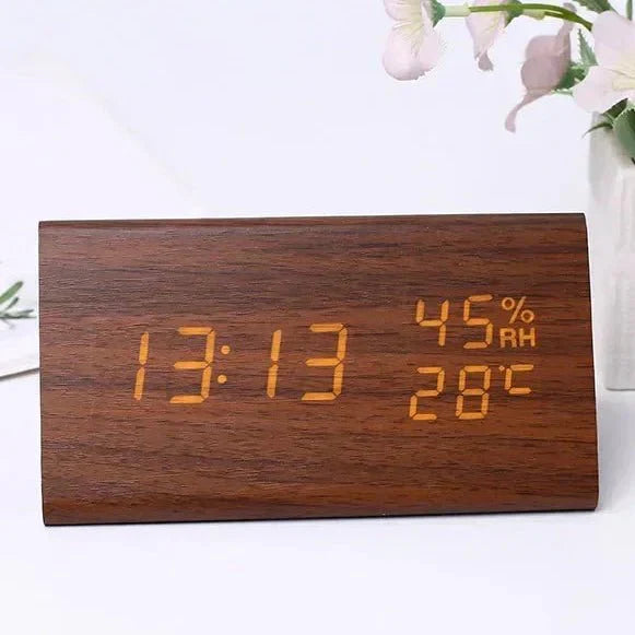 Wooden-Style LED Alarm Clock with Triple Alarm Settings, Temperature Display, and Adjustable Brightness