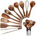 11-Piece Natural Teak Kitchen Utensil Set with Storage Holder
