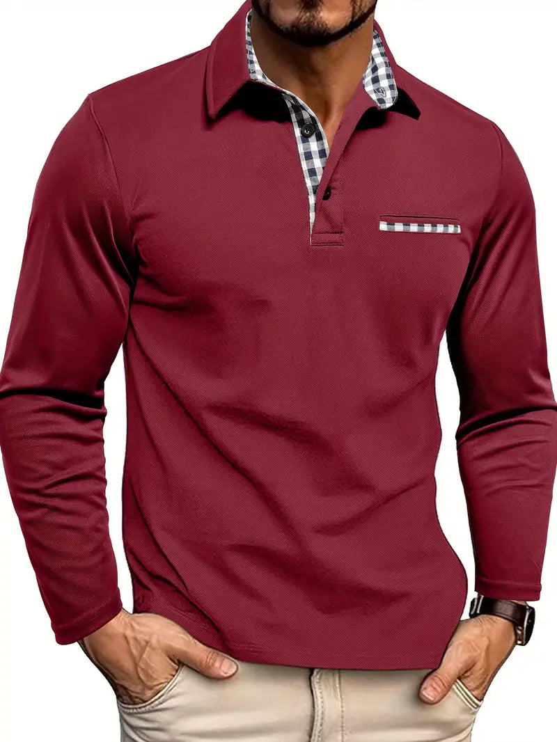 Men's Business Casual Long Sleeve Polo Shirt | With Check Pattern