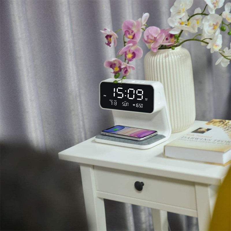 3-in-1 Bedside Lamp with Wireless Charging – LCD Alarm Clock and Touch Dimmable LED Table Light