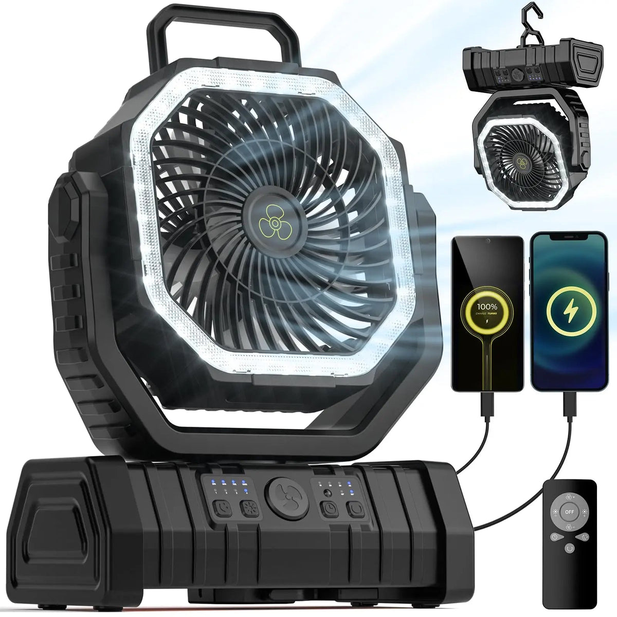 20,000mAh Rechargeable Camping Fan with LED Light and Power Bank