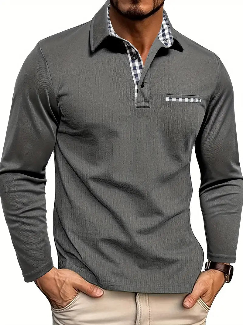 Men's Business Casual Long Sleeve Polo Shirt | With Check Pattern