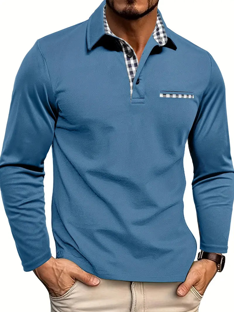 Men's Business Casual Long Sleeve Polo Shirt | With Check Pattern