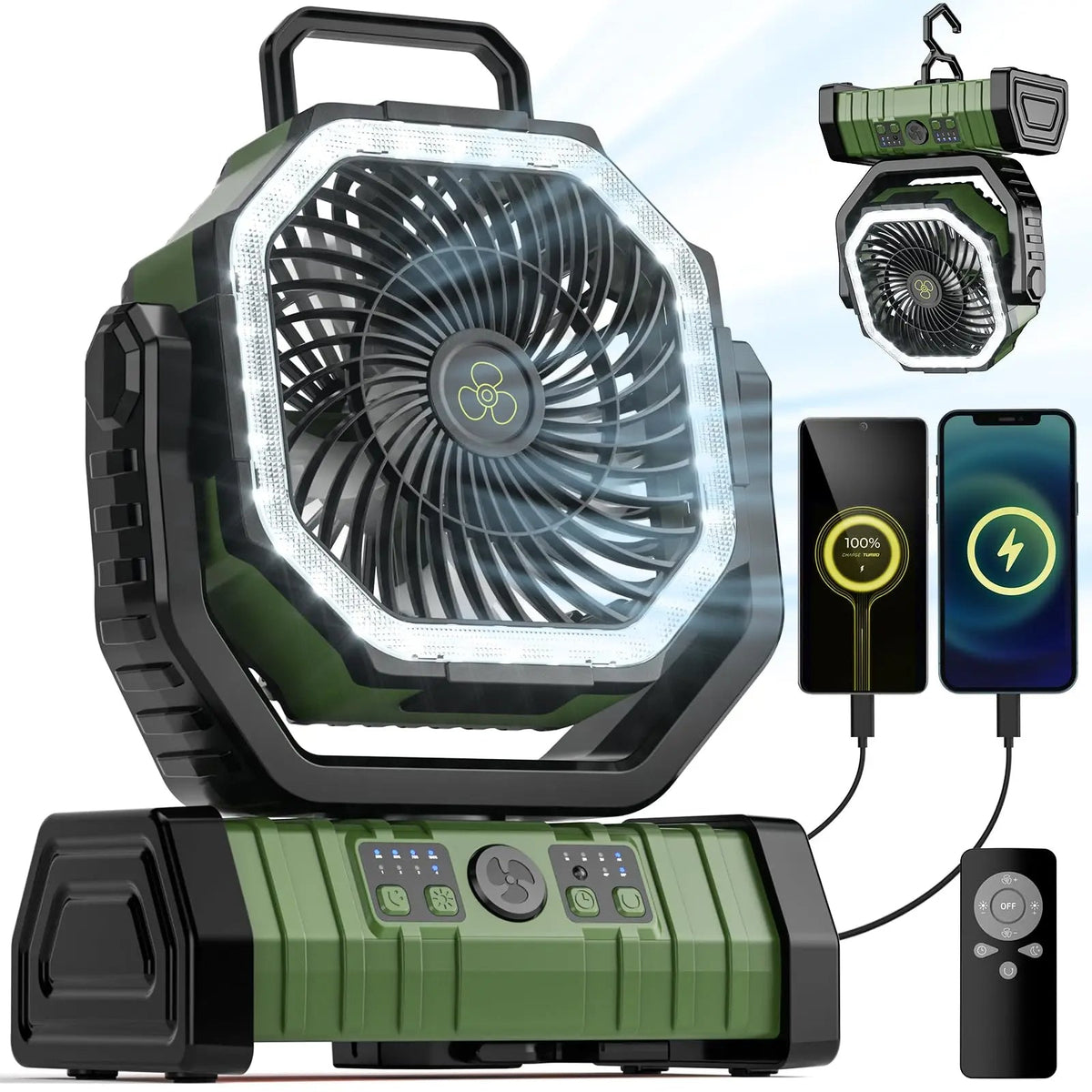 20,000mAh Rechargeable Camping Fan with LED Light and Power Bank