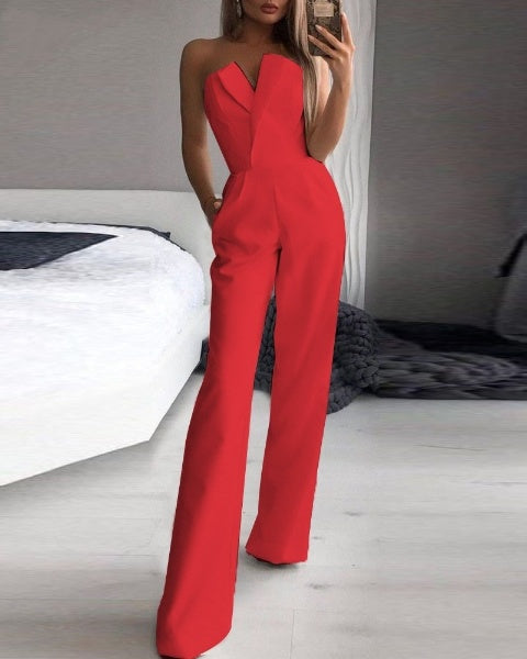 Women’s Strapless Wide Leg Jumpsuit | V-Neck