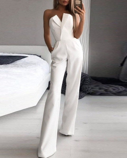 Women’s Strapless Wide Leg Jumpsuit | V-Neck