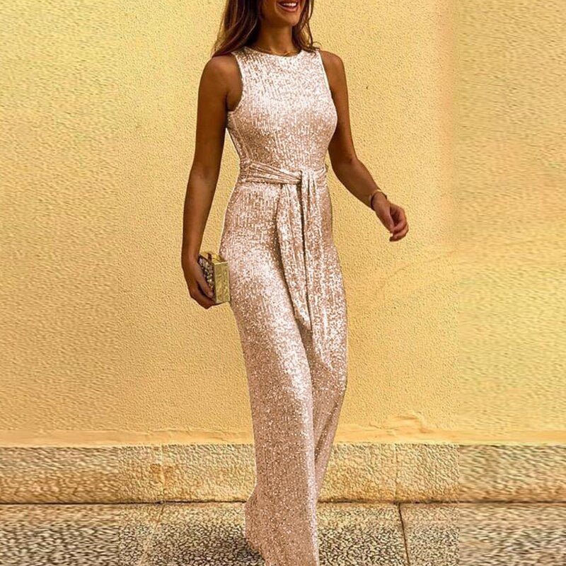 Women's Party Sleeveless Jumpsuit | with Tie Belt