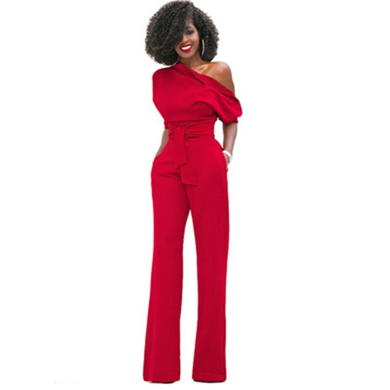 Women's One-Shoulder Wide Leg Jumpsuit | with Waist Belt