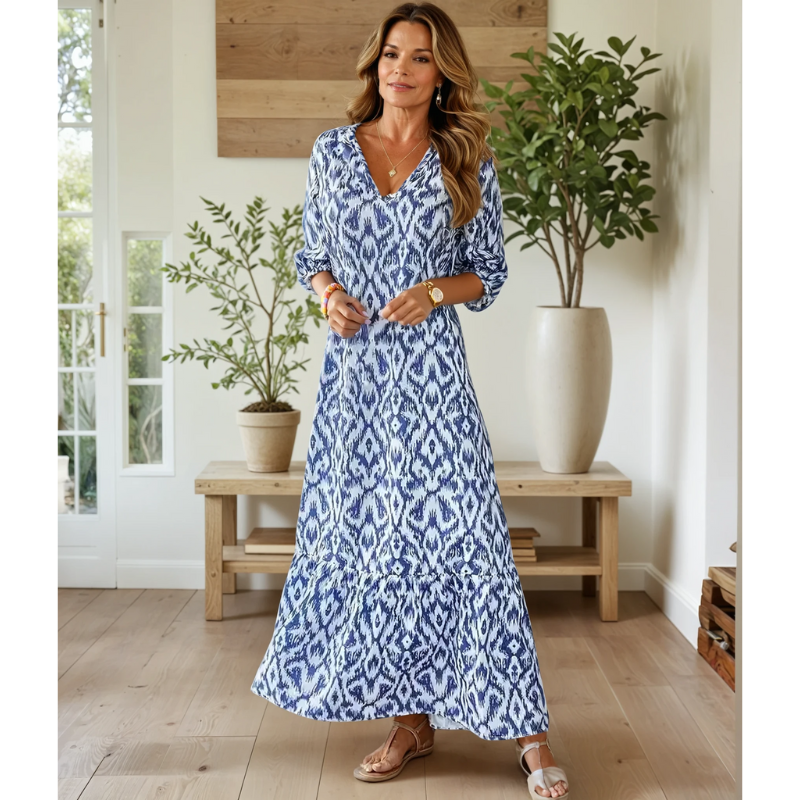 Women's V-Neck Geometric Print Boho Dress | Maxi